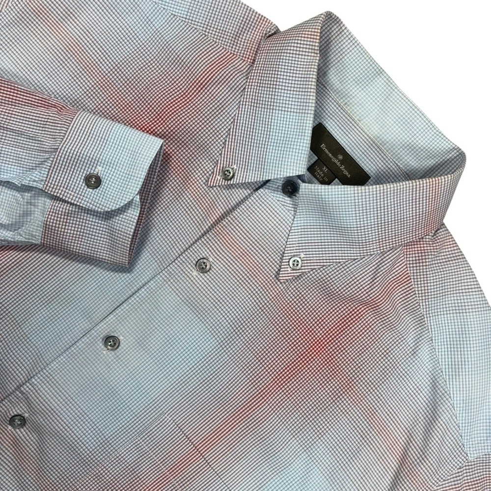 Ermenegildo Zegna Long Sleeve Shirt Mens XL Blue Red Micro Grid Overcheck Italy